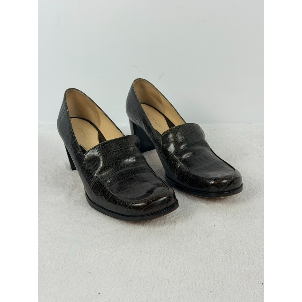 Antonio Melani Pretty Womens 8M Brown Croc Leather Block Heel Loafer Shoes Brazi